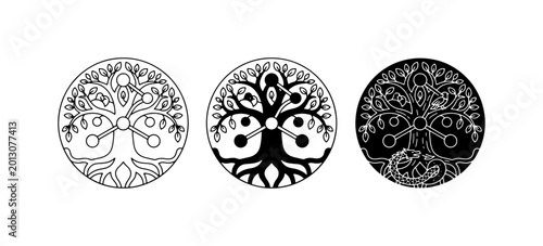 Konstfotografi Ornate Tree of Life Vector Icons, Circular Emblem Designs, Black and White Symbo