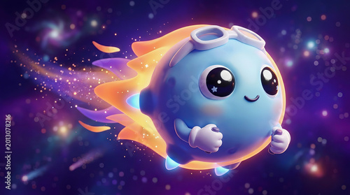 Cute blue cartoon planet character with goggles and fiery rocket trail flying through colorful starry space background