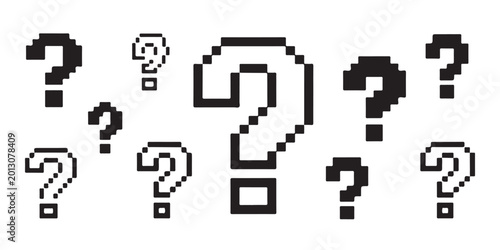 Set of Pixel Art Question Marks in Various Sizes and Styles