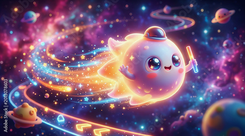 Cute cartoon astronaut character flying through colorful galaxy with glowing trail and planets in vibrant space background