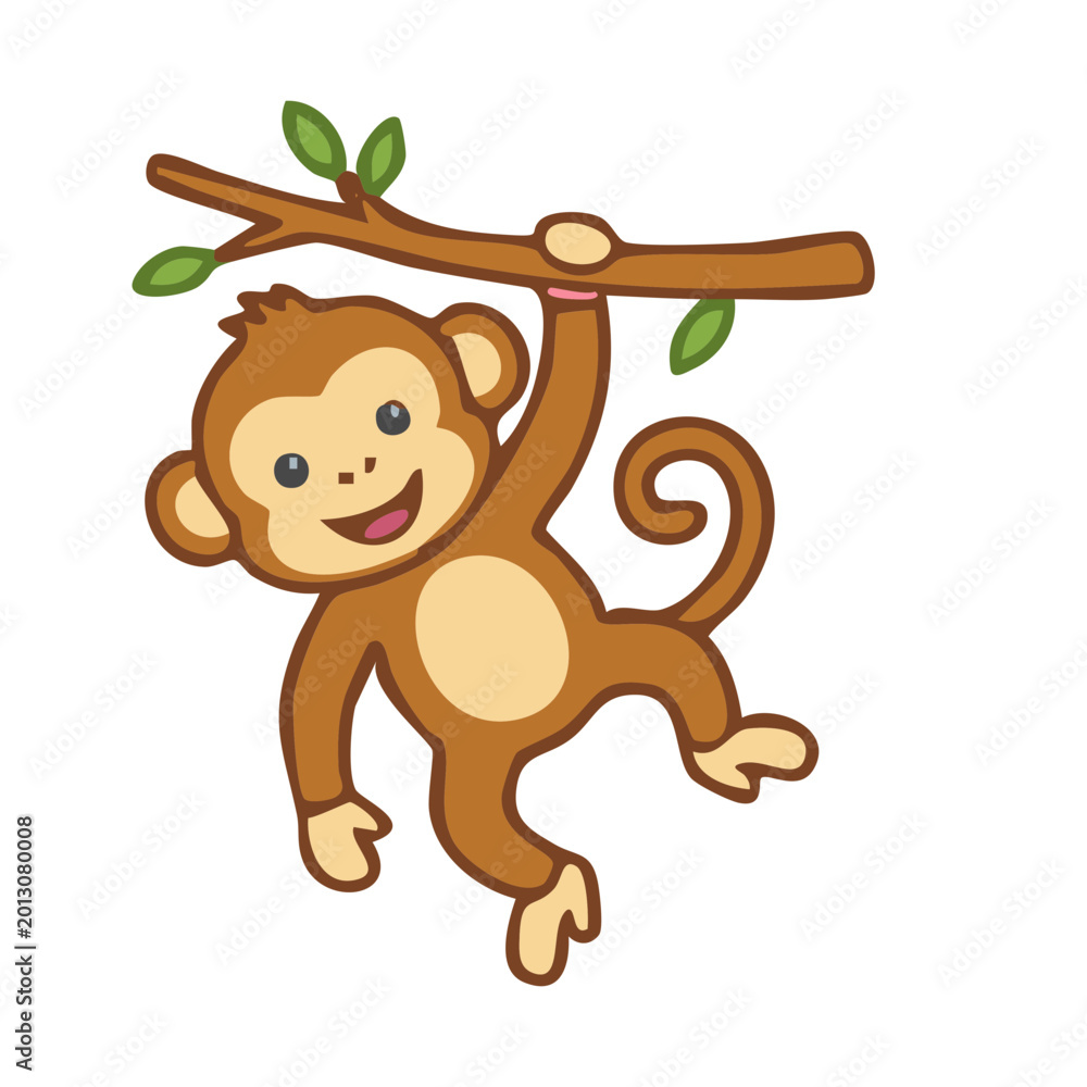 Obraz premium Monkey hanging from branch with green leaves on white background