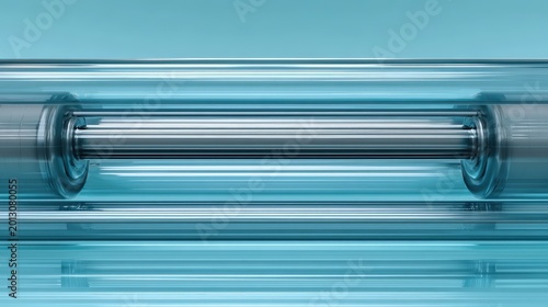 Metallic cylinder sits encased within clear glass tubes against a blue background.