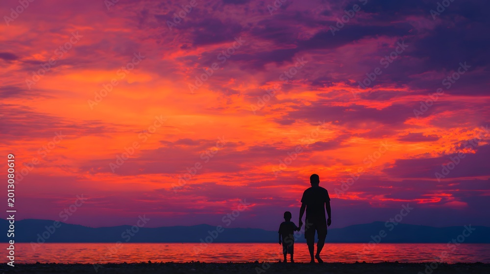 Fototapeta premium Father and son silhouettes walking on beach at sunset with vibrant colorful sky