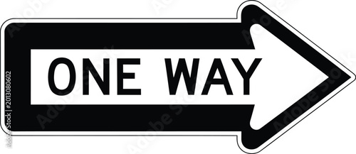 Black and white one way directional street sign with single direction, road sign