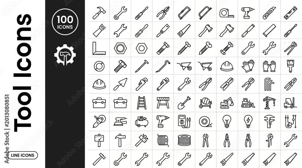 Fototapeta premium 100_minimalist_monoline_vector_icons, 100 Construction Tools Line Icons Set - Hand Tools, Power Equipment, Hardware and Home Repair Vector Illustration
