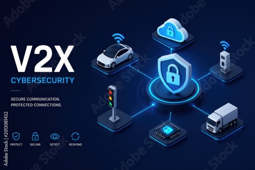V2X cybersecurity concept with connected car cloud protection and secure wireless communication network