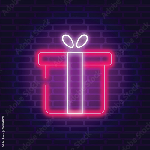 Glowing Neon Gift Box Sign on Dark Brick Wall Background, Festive Christmas Present Illustration for Holiday Celebration and New Year Design