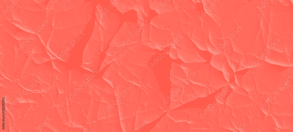Fototapeta premium Abstract cracks crumpled paper texture Vivid coral textured surface with prominent creases and crumpled effects, creating dynamic shadows and abstract fractured patterns.