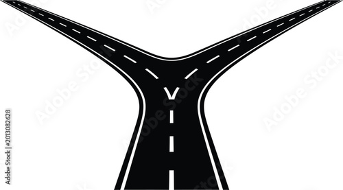 Photos Fork in the road, a highway splitting into two separate paths, junction point