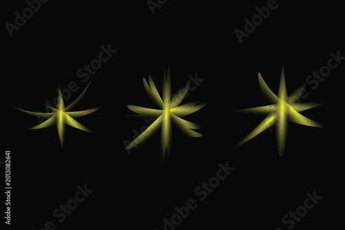 Принти на полотні Three stylized yellow starbursts on a black background with star like starburst