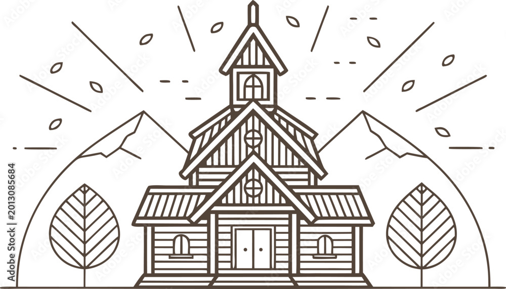 Fototapeta premium Traditional norwegian stave church in heavy snowfall with falling snowflakes norway