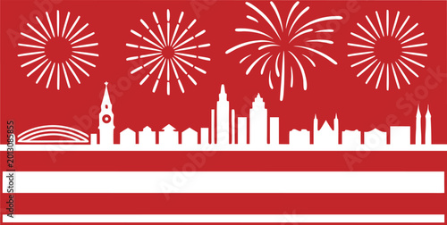 Bild auf Leinwand Austrian national day patriotic banner with red sun rays, flags, and mountains a