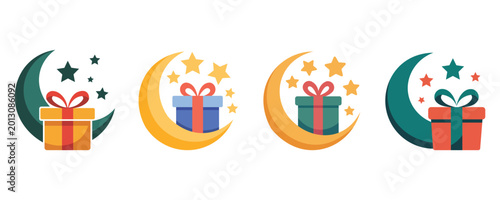Islamic Holiday Gift Set with Crescent Moon and Decorative Stars Vector Design