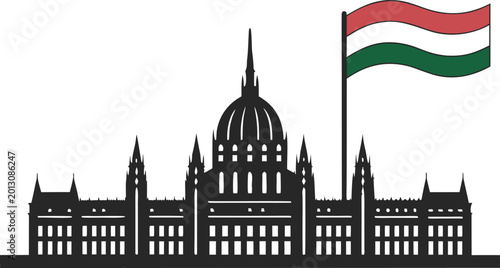 Foto Of hungary 1956 uprising memorial with flag and building hungarian flag