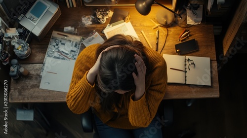 Overwhelmed Young Woman with Stress at Home Office Desk Environment
