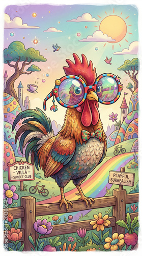 Surreal rooster with glasses in fantasy landscape