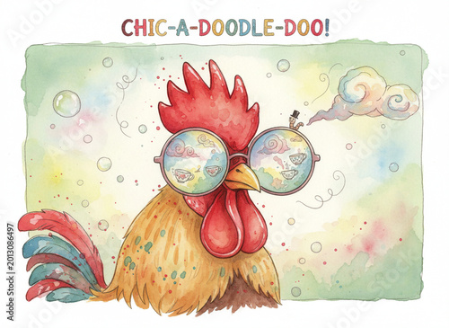 Surreal rooster with glasses in watercolor fantasy