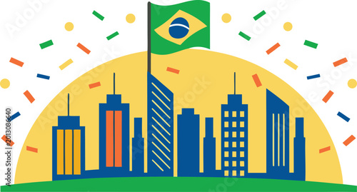 Obraz na płótnie Festive brazilian flag with colorful skyscrapers and fireworks brazil flag green