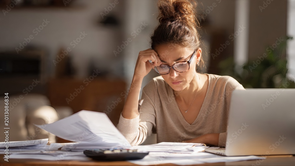 © Aditya - Woman feeling stressed while reviewing financial documents and tax forms at her home office.