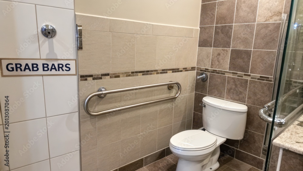 Fototapeta premium Accessible Bathroom Design Featuring Grab Bars and Modern Fixtures