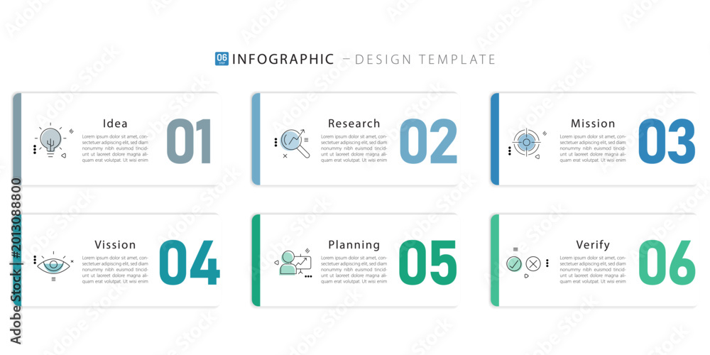 Fototapeta premium Business infographic template. 6 Step timeline journey. Process diagram, 6 options on white background, Infograph elements vector illustration.