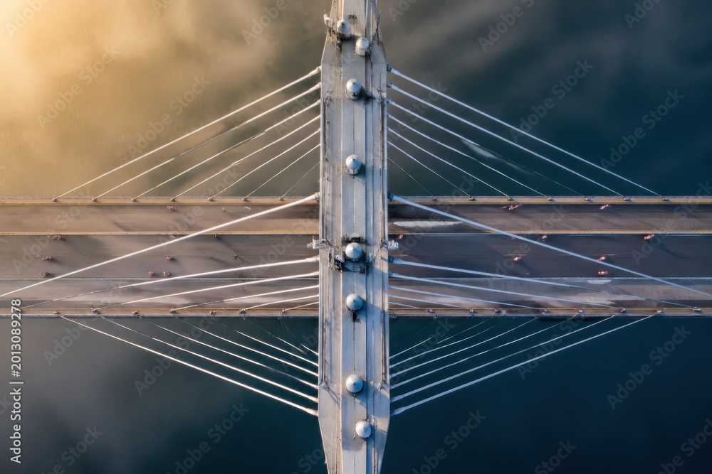 Obraz premium Aerial view of bridge cable structure over water for infrastructure engineering transport planning and urban connectivity