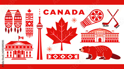 Fotografía A vibrant red and white illustration showcasing iconic Canadian symbols including the maple leaf, CN Tower, Parliament, beaver, hockey gear, and traditional patterns