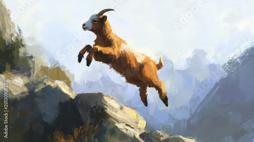 Energetic Goat Leaping Over Rocky Terrain in Scenic Mountain Landscape