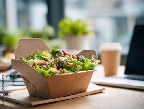 Fresh green salad with mixed leaves and croutons served in a recyclable takeout box on a wooden office desk with blurred laptop and coffee cup in background