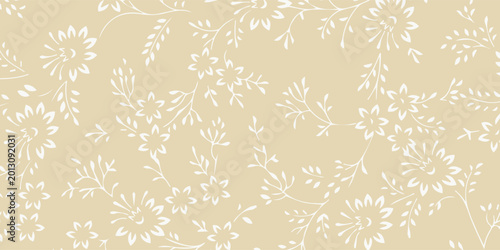 Seamless Pattern with Delicate Floral Motifs on a Soft Beige Background.