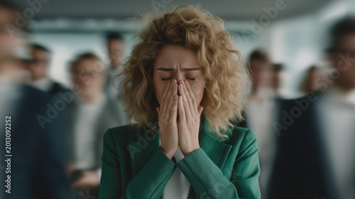 Woman feeling stressed and anxious in crowded office. Business professional experiencing panic attack among coworkers. Mental health struggle and pressure in formal work environment.