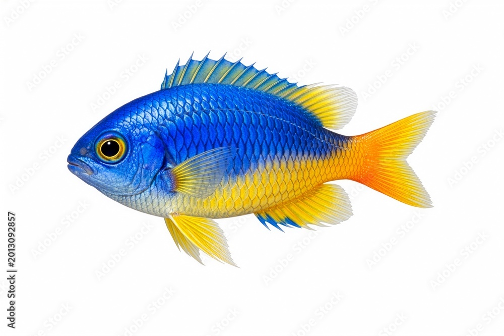 Fototapeta premium Photorealistic tropical coral reef one damselfish, isolated on white background, vibrant exotic ocean fish with detalied scales, flowing fins, realistic reflexions, colorful marine life, high detail.