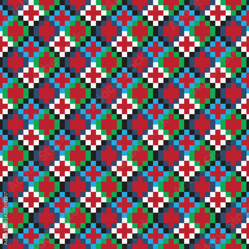 Seamless pixel ethnic pattern, red and blue geometric embroidery for traditional textile and decoration

