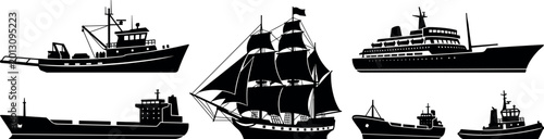 Foto Ship Silhouette Set with Sailing Vessel Fishing Trawler Cargo Tanker Tugboat and