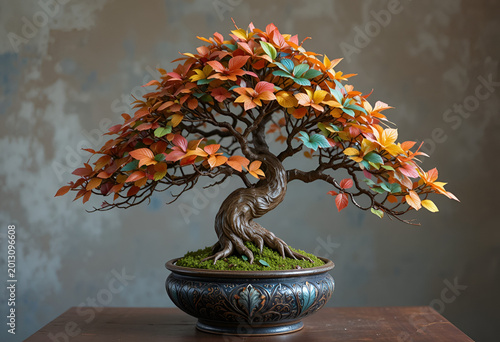 Artistic bonsai tree sculpture with colorful leaves