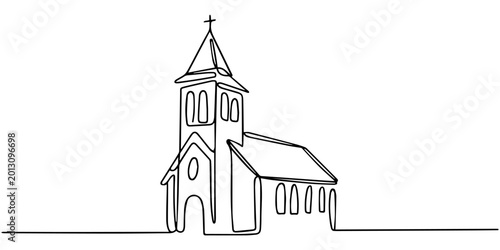 Photos Single continuous line drawing of a small chapel on a hill Minimalist country ch