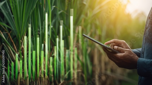 Farmer monitors agricultural data on a digital tablet in a sugarcane field.