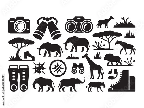 Canvas Print Set of black featuring safari animals like elephants and giraffes, binoculars, c