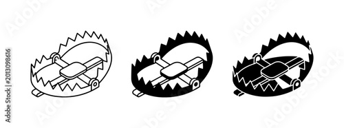 Obraz na plátně Set of 3 Bear Trap Icons, Outline and Silhouette, Metal Jaw Trap Vector Graphics