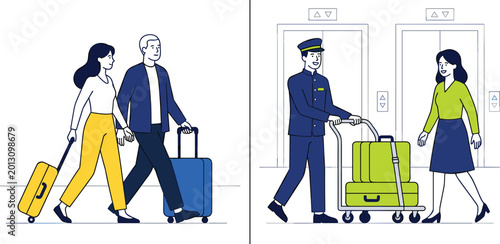 Foto Hotel Guests Arriving with Luggage and Bellboy Carrying Bags on Cart Near Elevat