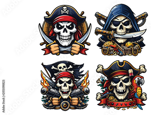 Bild auf Leinwand Pirate Skull Emblems Set — Cutlass, Treasure, Pistols, Parrot