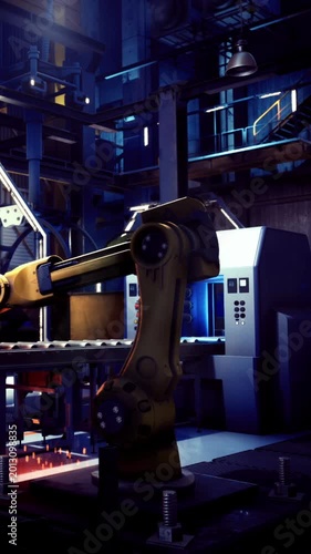 An advanced robotic arm assists in manufacturing tasks inside a dark, high tech factory. Bright lights illuminate the workstation, highlighting the intricate machinery around.