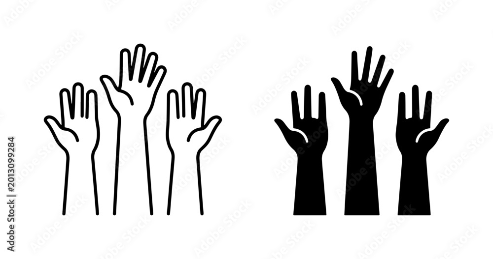 Fototapeta premium Diverse Hands Raised Vector Icons, Silhouette and Outline Styles, Representing Voting, Participation, and Support