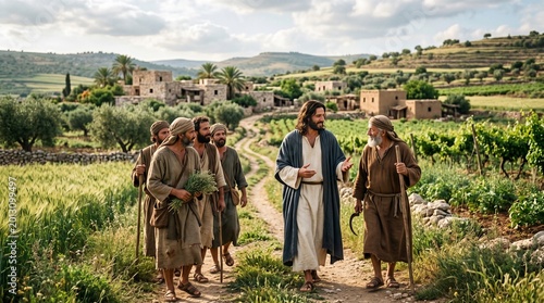 Jesus christ walking and talking with his disciples through a rural landscape with ancient stone buildings