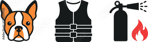 Foto Boston Terrier Dog Head Icon with Life Jacket Vest and Fire Extinguisher Vector