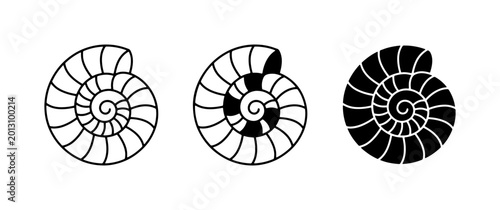 Фотография Ammonite Fossil Icons, Spiral Shell Vector Graphics, Ancient Marine Life Silhoue