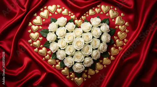 Heart shape white roses arrangement surrounded by gold heart charms on luxurious red satin fabric, elegant floral concept for Mother's Day, Valentine's Day