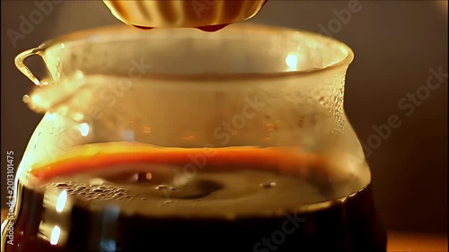 Coffee brewing slow motion cinematic close-up.