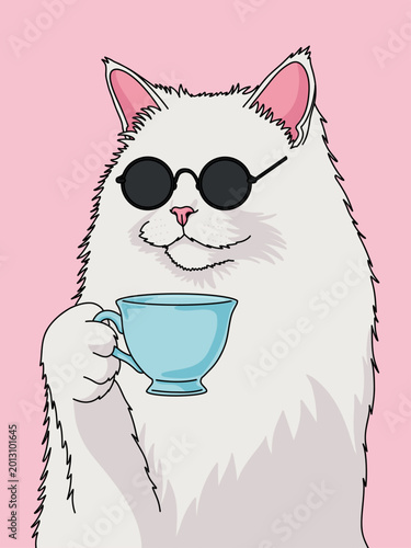 Fluffy White Cat With Sunglasses Holding A Coffee Mug Against Pink Background. Morning Attitude, Positive Monday, Spill the Tea Concept