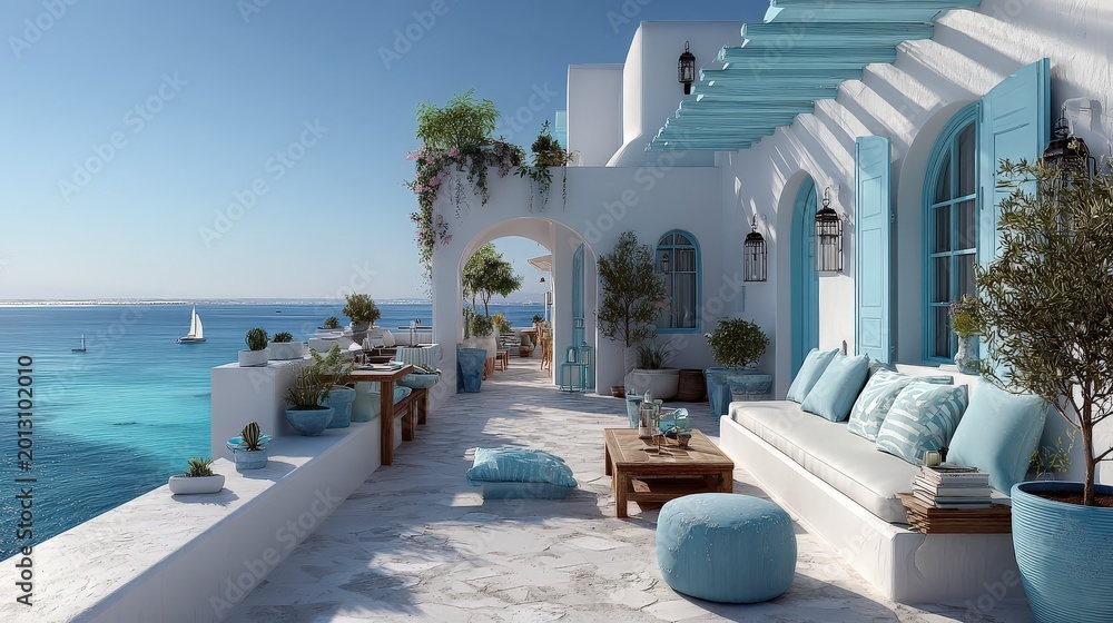 Fototapeta premium Greek Island Villa with Blue Accents and Ocean View